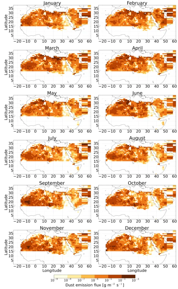 Figure 2.5: Monthly averages of dust emissions for the year 2006 (in units of g m −2 s −1 )