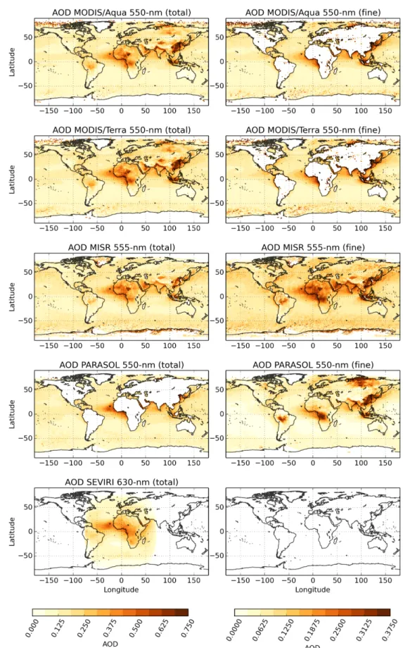 Figure 2.7: Averages for the year 2006 of the satellite-derived AOD used in this study, in a regular latitude-longitude grid of 0.5 degree resolution