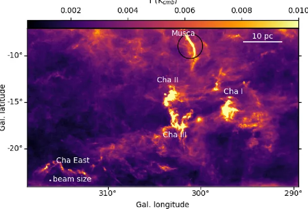 Fig. 1. Planck emission map at 353 GHz of the Chamealeon-Musca complex (Planck Collaboration I 2016)