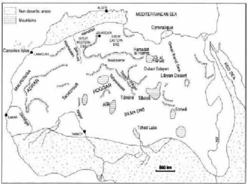 Figure 1.2 – Carte du nord de l’Afrique, pr´esentant les principaux paysages du Sahara : les massifs montagneux, les grands ergs et hamadas d’apr`es Callot et al