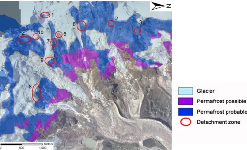 Fig. 7. Permafrost distribution based on the PERMAKART model with indicated active detachment zones, numbering is corresponding to Fig