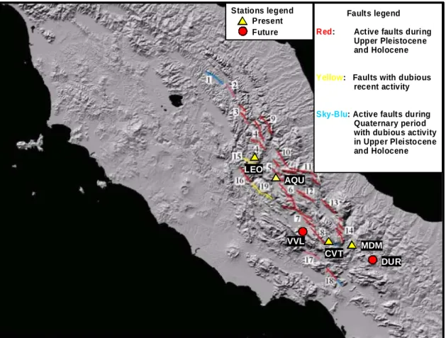 Fig. 1. Faults distribution in Central Apennines. The locations of the INGV tectonomagnetic network stations are also reported