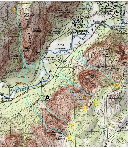 Fig. 4. Map of the studied debris flow areas with numbers identifying individual six debris flow channels.