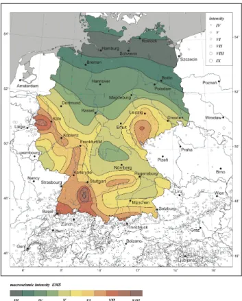 Fig. 1. Earthquake hazard in Germany in terms of European Macroseismic Scale intensities for a non-exceedence probability of 90% in 50 years; epicentres of tectonic earthquakes as background (Gr¨unthal and Bosse, 1996; Gr¨unthal et al., 1998).
