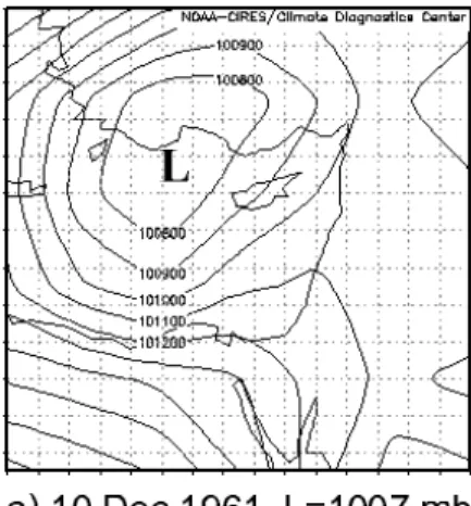 Fig. 3. Example of an Eastern Mediterranean winter spell. Daily sea level pressure successive maps for 10–14 December 1961 at 12:00 UTC: