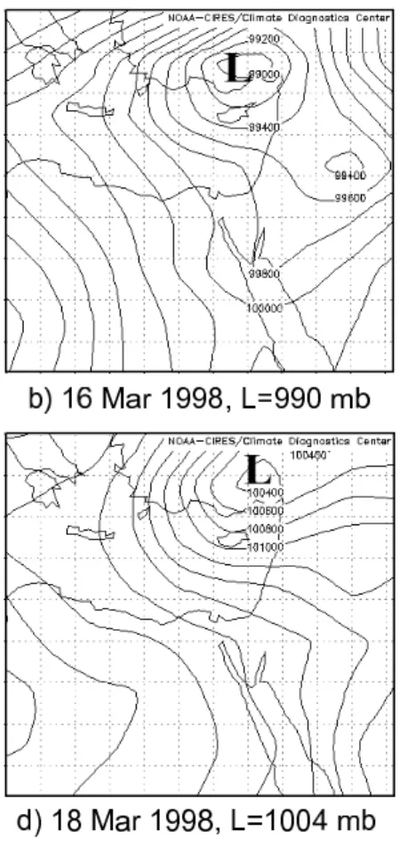 Fig. 6. Example of a transition Sharav Low → Cyprus Low → Low to the east. Daily sea level pressure successive maps for 15–19 March 1998 at 12:00 UTC: (a) Sharav Low (SL), (b–d) Deep Cyprus Lows (CL), and (e) Lows to the east (L E )
