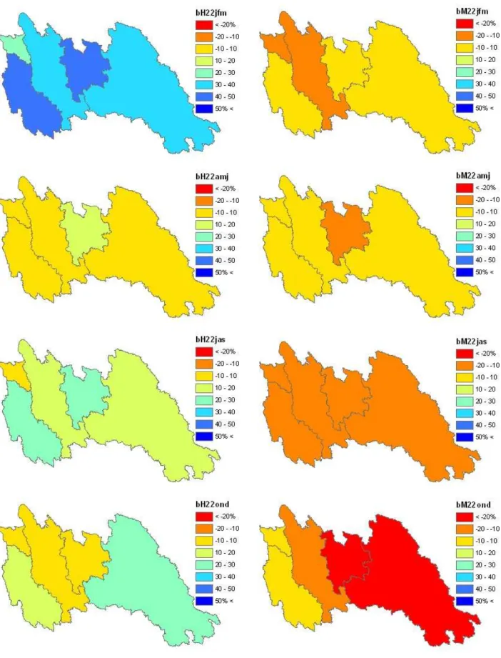 Fig. 4. Relative accumulated precipitation bias (%) during winter (JFM), spring (AMJ), summer (JAS) and autumn (OND) 2002 for sources H22 (left) and M22 (right).