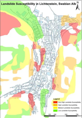 Fig. 4. The landslide susceptibility zones in Lichtenstein.