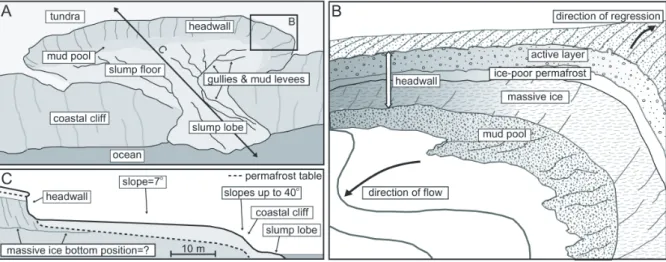 Fig. 3. Conceptual scheme of retrogressive thaw slump. Inset B focuses on the slump headwall