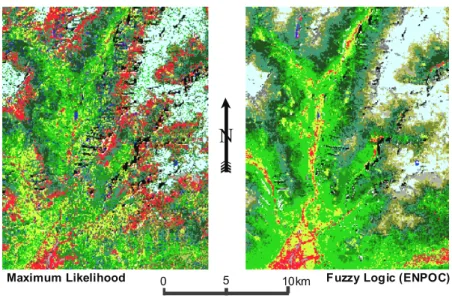 Fig. 6. Comparison of the classifications of land cover using a Maximum Likelihood (left) and Fuzzy Logic approach (right);