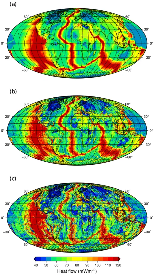 Figure 8. Global heat flow map based on similarities with (a) 2 observables; (b) 14 observ- observ-ables (preferred prediction); (c) 50 observobserv-ables.