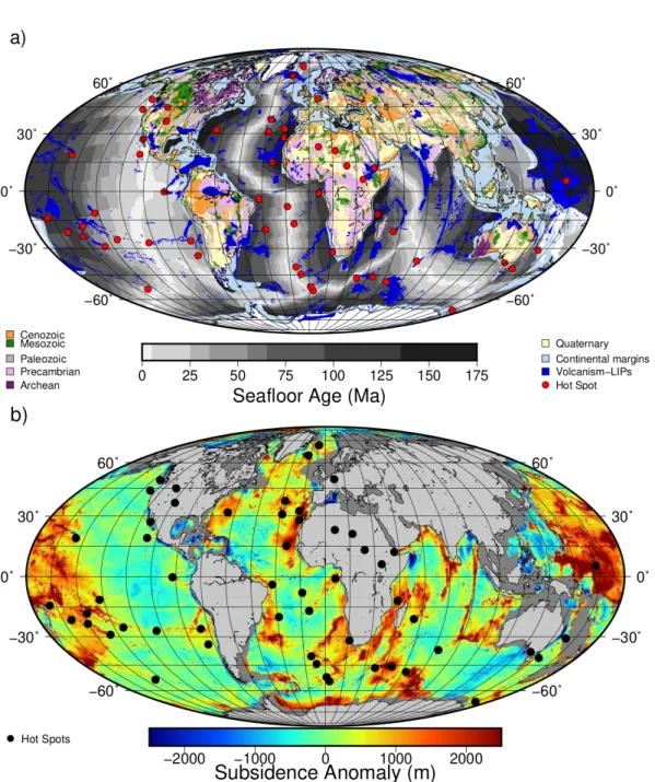 Figure 1. a) Age of continents (CCGM/CGMW, 2000) and oceans (M¨ uller et al., 2008) used in the statistical analysis of this paper