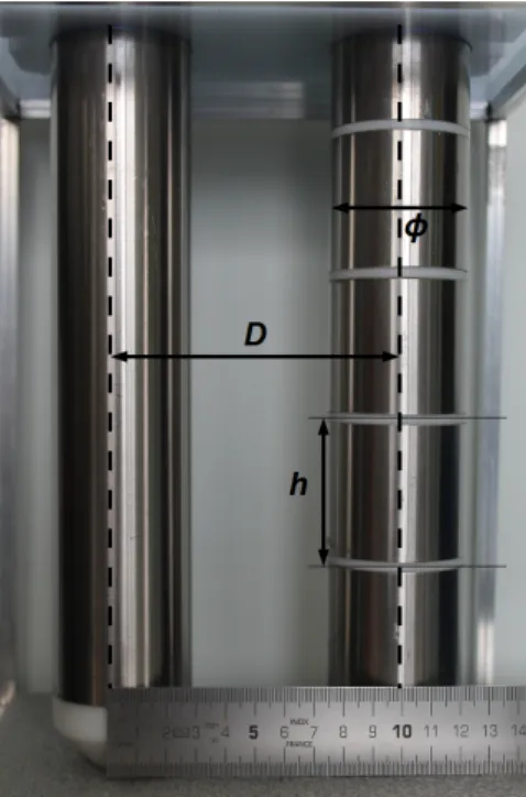 Figure 1. Photograph of sensor electrodes and their five channels. The dimensions for one channel are shown by a ruler: φ is the electrode diameter (φ = 50 mm), D the distance between their axes (D = 100 mm) and h their height (h = 50 mm).
