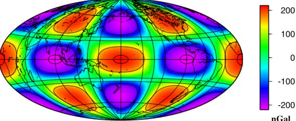 Figure 2. The M2 body-tide gravity perturbation (in nGal) due to the ellipticity calculated on the deformed surface, for PREM.