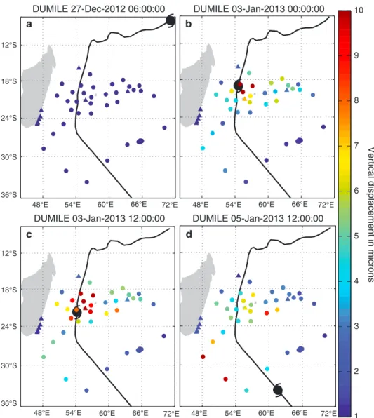 Figure 5. Spatiotemporal evolution of microseismic noise levels on the ocean bottom seismometers during cyclone Dumile