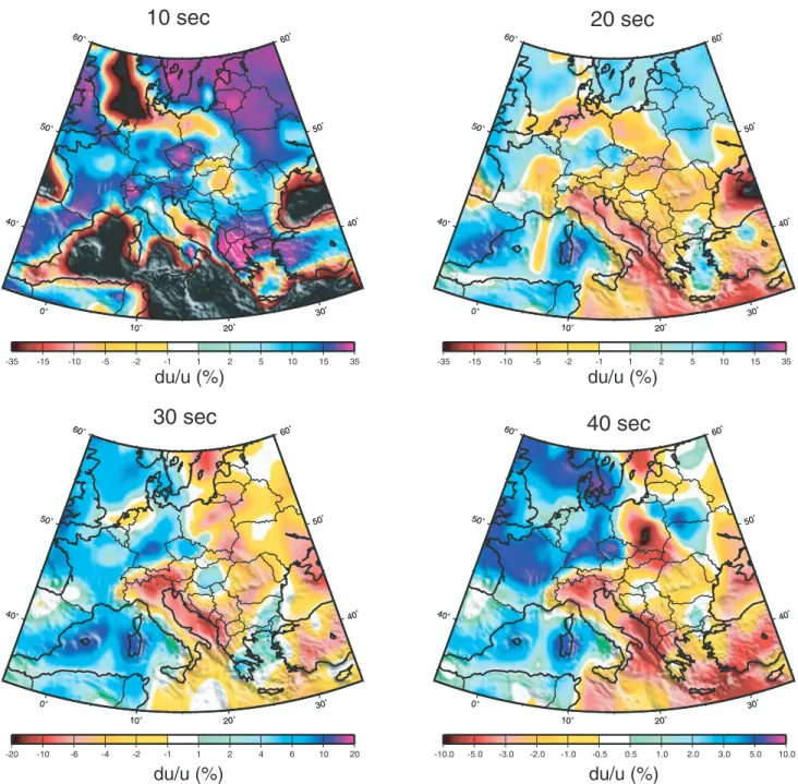 Figure 9. Estimated group speed maps at 10, 20, 30 and 40 s periods. Maps are presented as a perturbation from the average across the map in per cent.