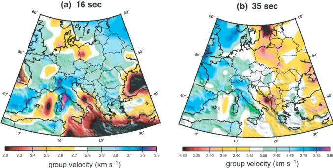 Figure 12. Reference maps computed from the 3-D model of Shapiro &amp; Ritzwoller (2002) at (a) 16 s and (b) 35 s period.