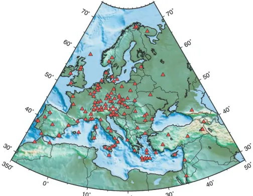 Figure 1. Broad-band seismic stations in Europe used in this study, marked by red triangles.