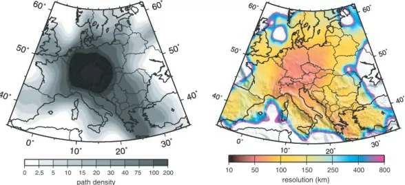 Figure 8. Path density (left column) and resolution estimates (right column) at 16 s period