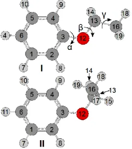 Figure 1. Molecular geometries of the trans (I) and gauche (II) conformers of phenetole  optimized at the MP2/6-311++G(d,p) level of theory
