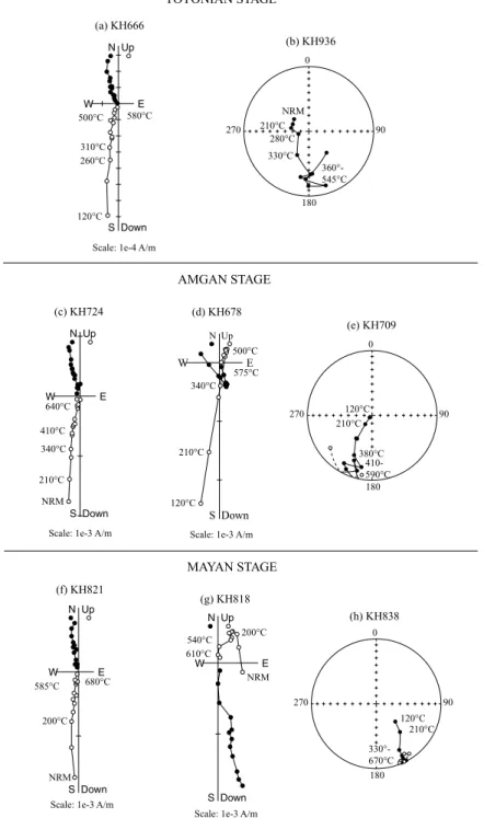 Figure 3. Thermal demagnetization of samples from the upper (uppermost Lower Cambrian–Middle Cambrian) part of the Khorbusuonka river section