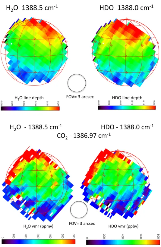 Fig. 8. Maps of the line depths for H 2 O at 1388.5 cm −1 (left) and HDO at 1388.0 cm −1 (right), recorded with EXES on March 24, 2016 (Ls = 127 ◦ ).