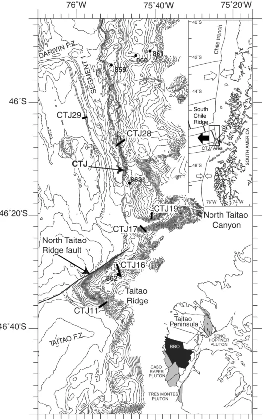 Figure 1. Bathymetric map (depths in m) of the synsubduction segment of the Chile margin as defined by Bourgois et al