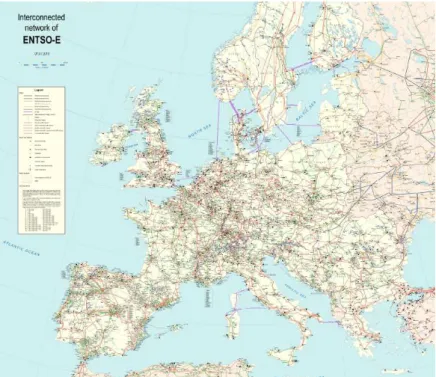 Figure I.1: European high voltage electricity network as in 2010 including existing high-voltage overhead lines and those under construction designed for voltages of 220 kV and higher and 110 kV to 150 kV if these line cross national frontiers