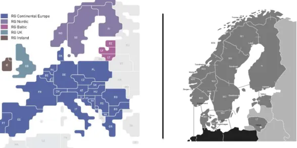 Figure I.2: Left: the TSO members of the ENTSO-E belongs to 5 different syn- syn-chronous areas, defining 5 Regional Groups (RGs) as in 2012