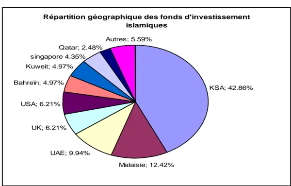 Figure 4 : La répartition géographique des principaux fonds d’investissement islamiques  Répartition géographique des fonds d'investissement 
