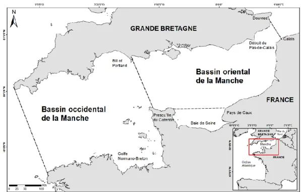 Figure I.1. Carte de la Manche illustrant les délimitations des bassins occidental et oriental selon Cabioch  (1968)