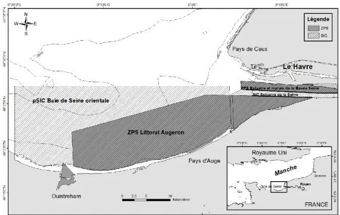 Figure I.7. Localisation des sites NATURA 2000 en baie de Seine orientale et dans l'estuaire de Seine  (ZPS = Zone de Protection Spéciale, SIC = Site d'Intérêt Communautaire)