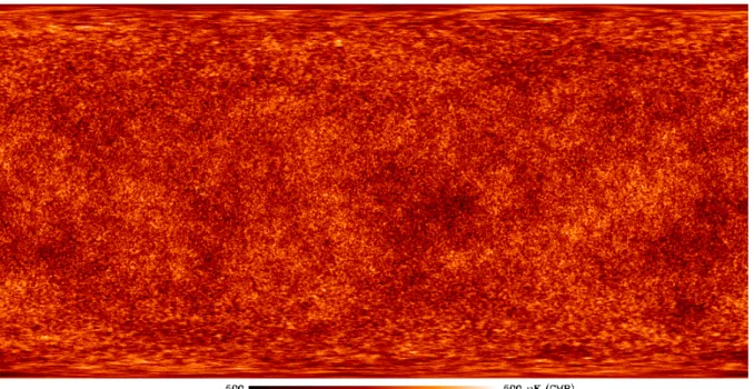 Figure 1-1 – Colorized map of the Cosmic Microwave Background (CMB) in equirectangular projection, as revealed by the Planck satellite (Adam et al