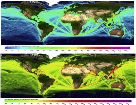 Figure 2.11 – Modélisation de la répartition géographique des émissions de particules fines (PM 2.5 , A) et de d’oxyde de soufre (SO x , B) provenant du trafic maritime en 2015.