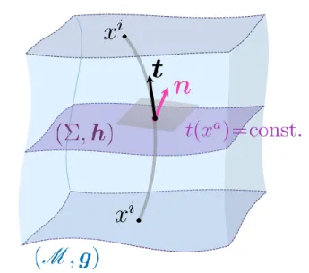 Figure 2.2. A depiction (in (2 + 1) dimensions) of the foliation of a space- space-time ( M , g) into Cauchy surfaces (Σ, h) , where h is the metric induced on Σ by g 