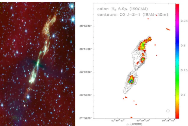 Figure 3.2 – Left : Spitzer telescope image of the L1157 region. Infrared array camera results, in red : 8 µm, green : 4.5 µm, blue : 3.6 µm, Looney et al