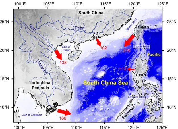 Figure 1.7 Fluvial drainage systems and their annual sediment discharge to the northern South  China Sea (after Liu et al., 2016)