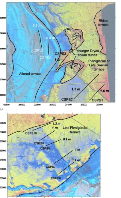 Fig. 11. Age and deformation of the Quaternary formations used in the Roermond area for the determination of the displacement rates on the eastern (a) and western (b) sides of the Meuse river valley