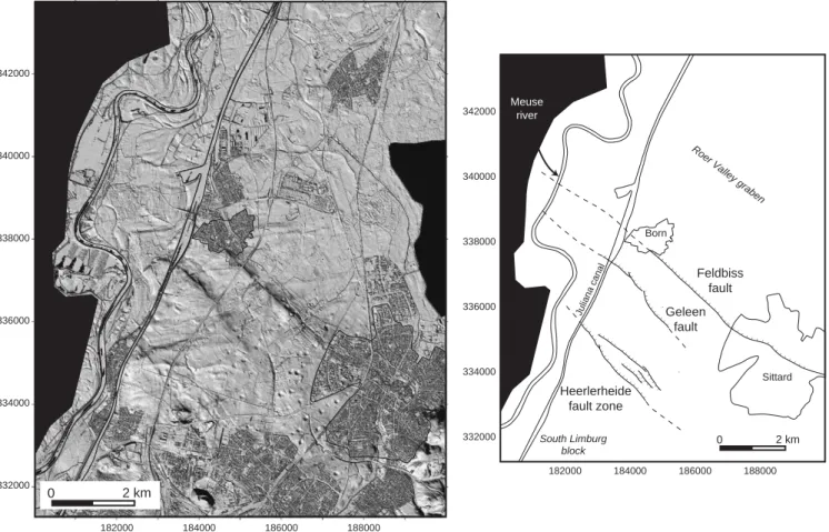 Fig. 5. Geometry of the FFZ in the Sittard area. The shaded relief map is characterized by an artiﬁcial illumination from the SW