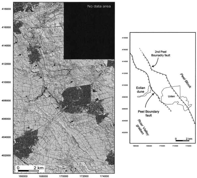 Fig. 8. Geometry of the northern segment of the PBFZ in the Uden area. The shaded relief map is characterized by an artiﬁcial illumination from the NE