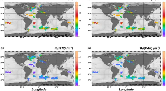 Figure 9. Distribution of (a) euphotic depth (Z eu ), (b) first optical depth (Z pd ), (c) average value of the diffuse attenuation coefficient for downward irradiance at 412 nm within the first optical depth (K d (412)), and (d) average value of the diffu