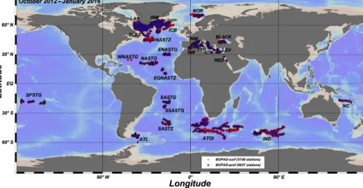 Figure 1. Red diamonds indicate the 9837 stations collected by 105 Biogeochemical-Argo floats in the period of October 2012–January 2016 that compose the database of vertical profiles (BOPAD-prof)