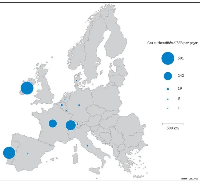 Fig. 6 Nombre de cas d’ESB identifiés par pays européens, hors Royaume-Uni et Canada, entre 1987 et 2000 22 (d’après l’OIE, 2015) 