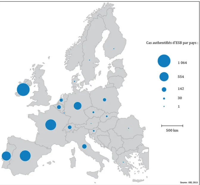 Fig. 7 Nombre de cas d’ESB identifiés par pays européens, hors Royaume-Uni, entre 2001 et 2014 (d’après  l’OIE, 2015) 