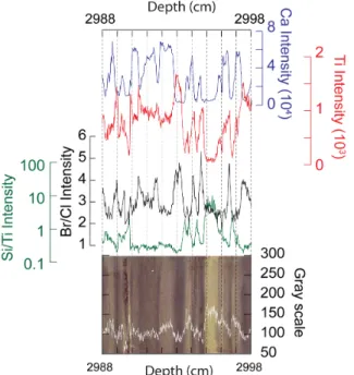 Fig. 3. The XRF intensities for Ca, Ti, Br / Cl, and Si / Ti (spatial resolution of 200 µm) of a 10 cm long sample of MD02-2508,  repre-senting roughly 300 yr of sediment deposition, and the  correspond-ing photography of the core with gray scale analyses