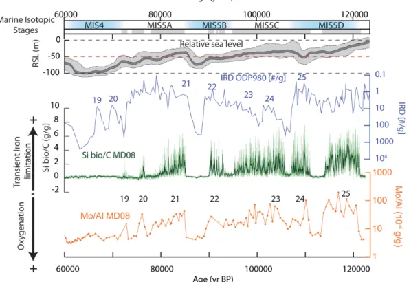 Fig. 5. The global relative sea level (Grant et al., 2012). Confidence interval of 95 % (light grey) and probability maximum (dark grey) are indicated