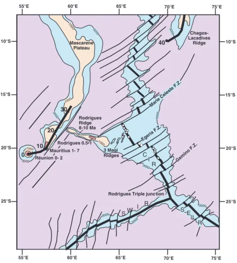 Figure 1. Location map and general bathymetry of the Central Indian Ridge (CIR) and its major fracture zones, showing the Rodriguez Triple Junction, the Southwest Indian Ridge (SWIR), the Southeast Indian Ridge (SEIR), the islands of Re´union, Mauritius, R