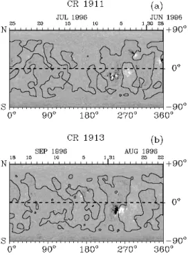Fig. 4. Photospheric magnetic field synoptic maps for the CR 1911 (a) and CR 1913 (b)