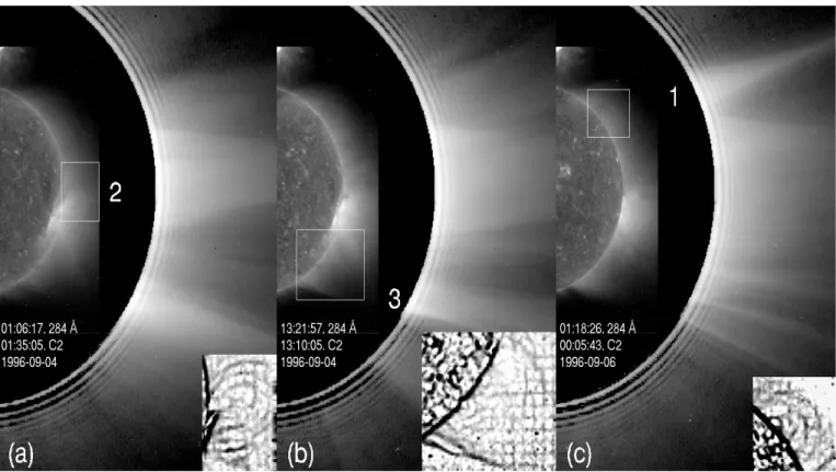 Fig. 5. Combined SOHO/LASCO C2 and SOHO/EIT 284 Å (Fe XIV) bandpass images showing the correspondence of streamers 1, 2 and 3 to large-scale loops for the CR 1913