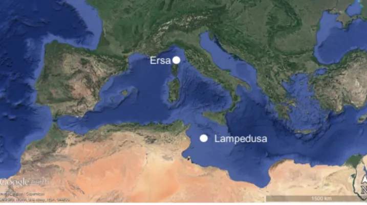 Figure 1. The Mediterranean basin. The two sites considered in this study, Lampedusa and Ersa, are indicated in white dots